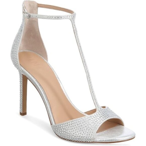 INC Women's Firah Rhinestone T-Strap Heels Shoes Silver Size 7.5 Medium - Picture 1 of 5